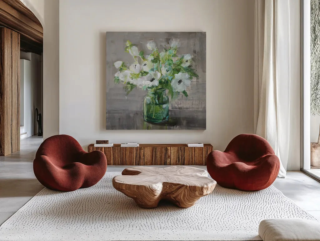 Fresh Anemones by Danhui Nai. Shown as extra-large giant wall art in a modern living room. Available as an archival giclee rolled canvas, fine art paper, or poster print. SKU 81914a.