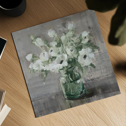 Fresh Anemones Sage by Danhui Nai. Shown as a detailed flat fine art print, highlighting archival giclee quality. Available as an archival giclee rolled canvas, fine art paper, or poster print. SKU 82075a.