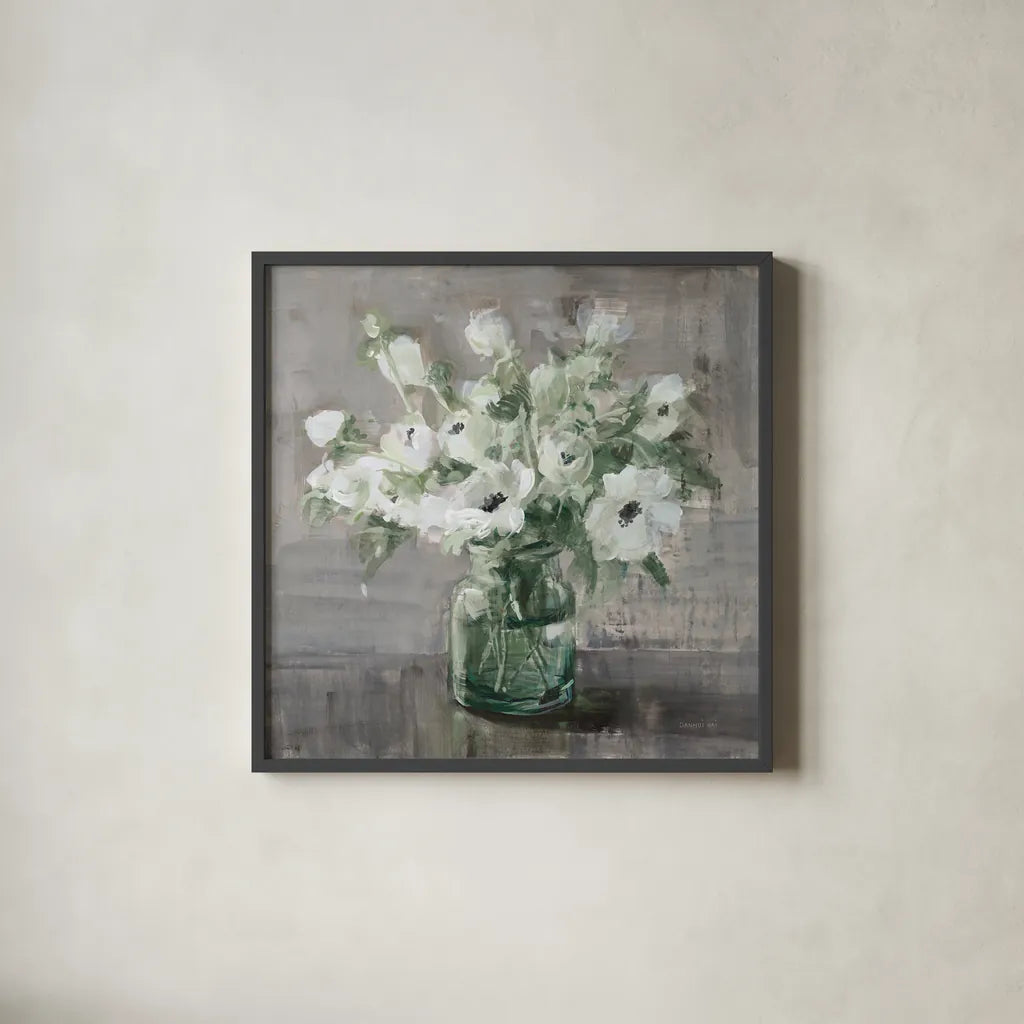 Fresh Anemones Sage by Danhui Nai. Shown in a sleek black glass frame for a contemporary gallery look. Available as an archival giclee rolled canvas, fine art paper, or poster print. SKU 82075a.