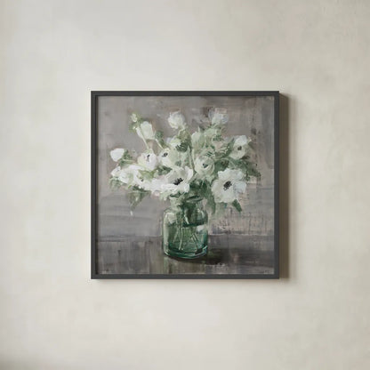 Fresh Anemones Sage by Danhui Nai. Shown in a sleek black glass frame for a contemporary gallery look. Available as an archival giclee rolled canvas, fine art paper, or poster print. SKU 82075a.