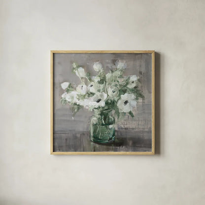 Fresh Anemones Sage by Danhui Nai. Shown in a natural wood glass frame for a timeless modern aesthetic. Available as an archival giclee rolled canvas, fine art paper, or poster print. SKU 82075a.