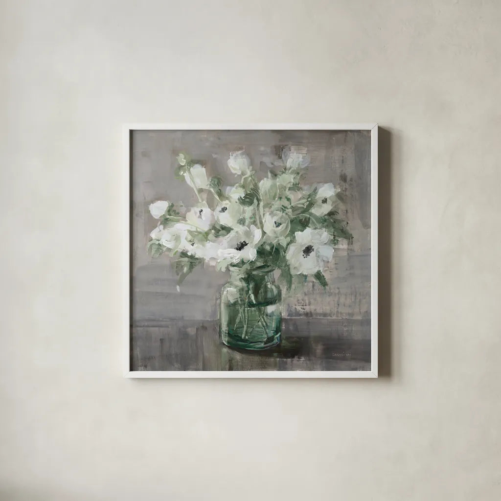 Fresh Anemones Sage by Danhui Nai. Shown in a crisp white glass frame for a clean and minimalist style. Available as an archival giclee rolled canvas, fine art paper, or poster print. SKU 82075a.