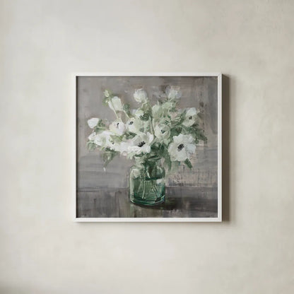 Fresh Anemones Sage by Danhui Nai. Shown in a crisp white glass frame for a clean and minimalist style. Available as an archival giclee rolled canvas, fine art paper, or poster print. SKU 82075a.