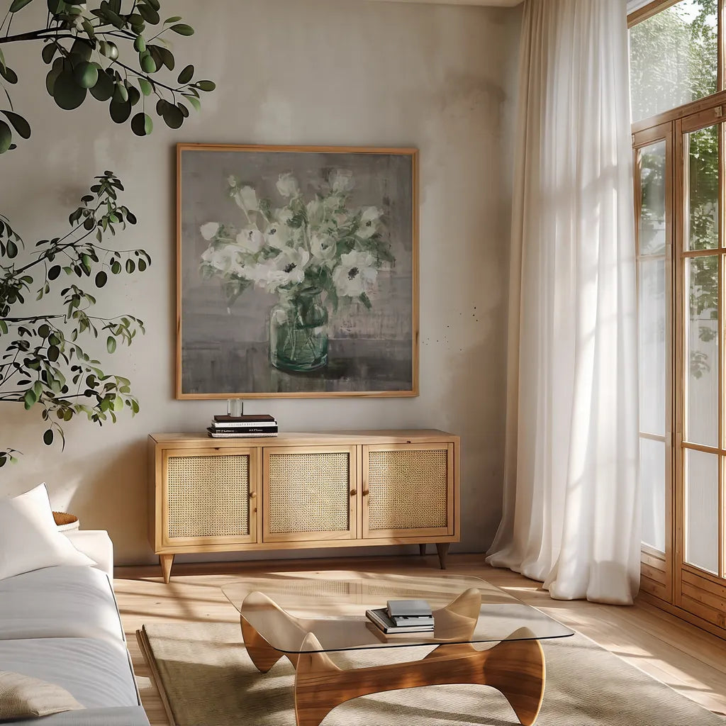 Fresh Anemones Sage by Danhui Nai. Shown in a natural wood frame in a cozy modern living room. Available as an archival giclee rolled canvas, fine art paper, or poster print. SKU 82075a.