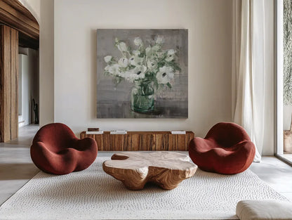 Fresh Anemones Sage by Danhui Nai. Shown as extra-large giant wall art in a modern living room. Available as an archival giclee rolled canvas, fine art paper, or poster print. SKU 82075a.