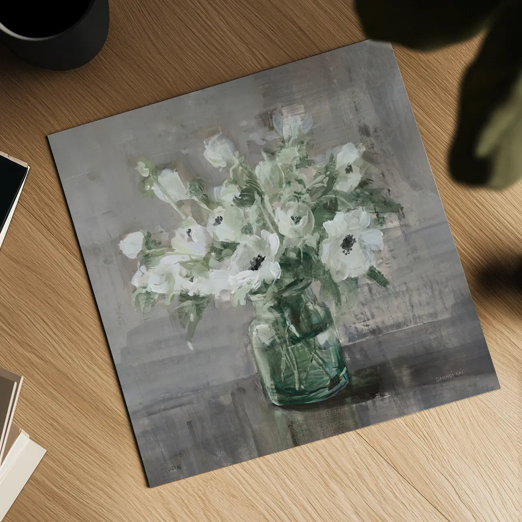 Fresh Anemones Sage Border by Danhui Nai. Shown as a detailed flat fine art print, highlighting archival giclee quality. Available as an archival giclee rolled canvas, fine art paper, or poster print. SKU 84300a.