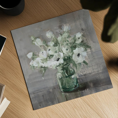 Fresh Anemones Sage Border by Danhui Nai. Shown as a detailed flat fine art print, highlighting archival giclee quality. Available as an archival giclee rolled canvas, fine art paper, or poster print. SKU 84300a.