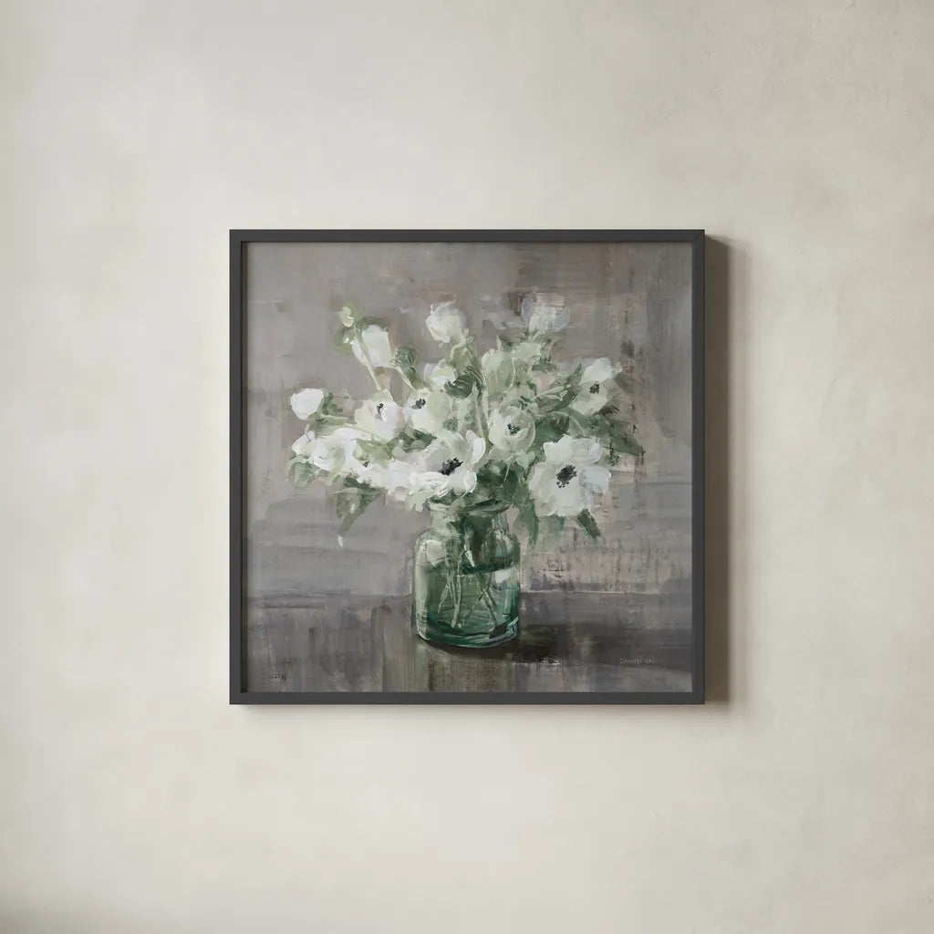 Fresh Anemones Sage Border by Danhui Nai. Shown in a sleek black glass frame for a contemporary gallery look. Available as an archival giclee rolled canvas, fine art paper, or poster print. SKU 84300a.