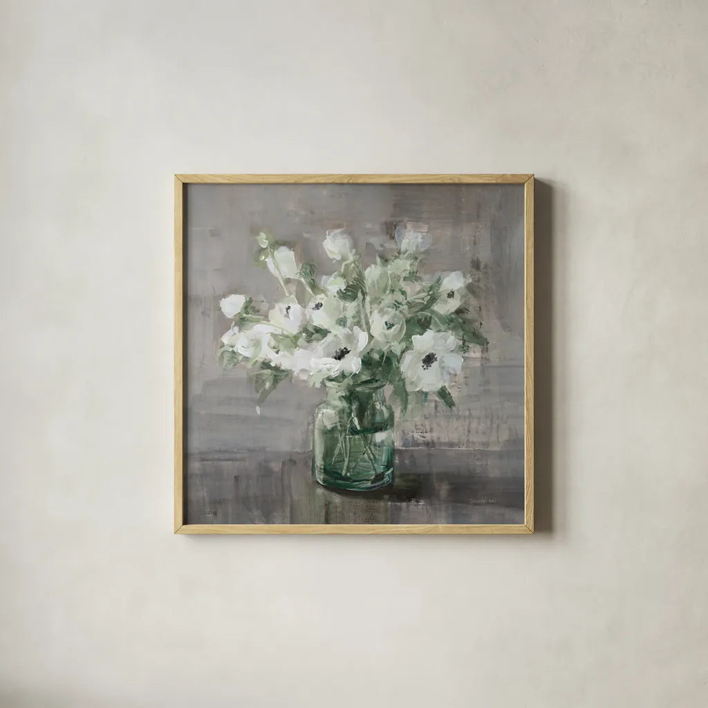 Fresh Anemones Sage Border by Danhui Nai. Shown in a natural wood glass frame for a timeless modern aesthetic. Available as an archival giclee rolled canvas, fine art paper, or poster print. SKU 84300a.