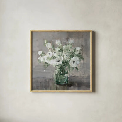 Fresh Anemones Sage Border by Danhui Nai. Shown in a natural wood glass frame for a timeless modern aesthetic. Available as an archival giclee rolled canvas, fine art paper, or poster print. SKU 84300a.