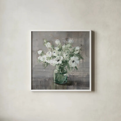 Fresh Anemones Sage Border by Danhui Nai. Shown in a crisp white glass frame for a clean and minimalist style. Available as an archival giclee rolled canvas, fine art paper, or poster print. SKU 84300a.