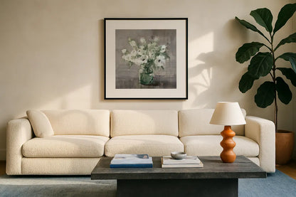Fresh Anemones Sage Border by Danhui Nai. Displayed in a glass frame with matte in a clean modern living room. Available as an archival giclee rolled canvas, fine art paper, or poster print. SKU 84300a.