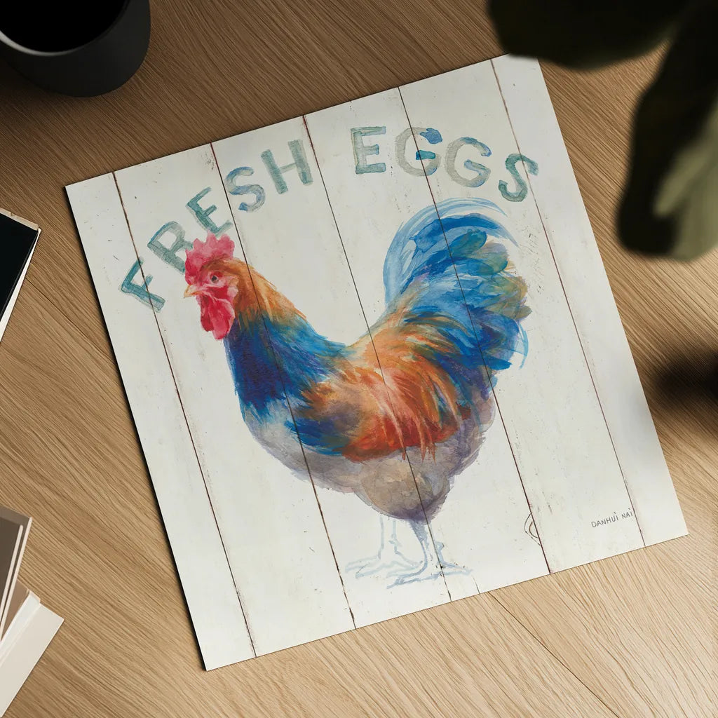 Fresh Eggs Hen by Danhui Nai. Shown as a detailed flat fine art print, highlighting archival giclee quality. Available as an archival giclee rolled canvas, fine art paper, or poster print. SKU 46169a.