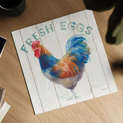Fresh Eggs Hen by Danhui Nai. Shown as a detailed flat fine art print, highlighting archival giclee quality. Available as an archival giclee rolled canvas, fine art paper, or poster print. SKU 46169a.