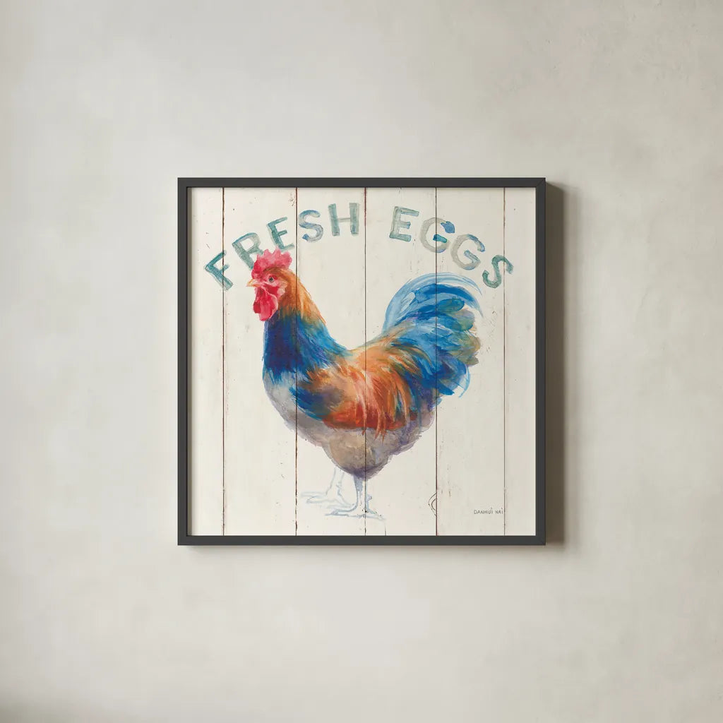 Fresh Eggs Hen by Danhui Nai. Shown in a sleek black glass frame for a contemporary gallery look. Available as an archival giclee rolled canvas, fine art paper, or poster print. SKU 46169a.