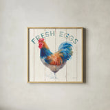 Fresh Eggs Hen by Danhui Nai. Shown in a natural wood glass frame for a timeless modern aesthetic. Available as an archival giclee rolled canvas, fine art paper, or poster print. SKU 46169a.