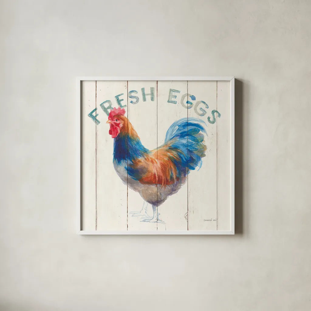 Fresh Eggs Hen by Danhui Nai. Shown in a crisp white glass frame for a clean and minimalist style. Available as an archival giclee rolled canvas, fine art paper, or poster print. SKU 46169a.