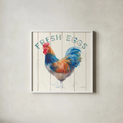 Fresh Eggs Hen by Danhui Nai. Shown in a crisp white glass frame for a clean and minimalist style. Available as an archival giclee rolled canvas, fine art paper, or poster print. SKU 46169a.