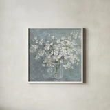 Fresh White Bouquet Gray Crop by Danhui Nai. Shown in a crisp white glass frame for a clean and minimalist style. Available as an archival giclee rolled canvas, fine art paper, or poster print. SKU 75578a.