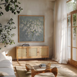 Fresh White Bouquet Gray Crop by Danhui Nai. Shown in a natural wood frame in a cozy modern living room. Available as an archival giclee rolled canvas, fine art paper, or poster print. SKU 75578a.
