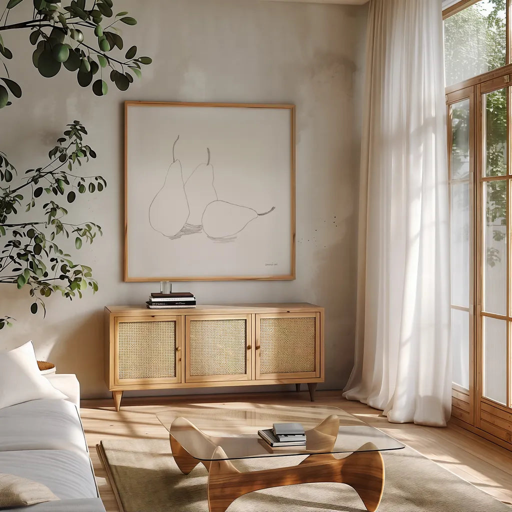 Fruitful I by Danhui Nai. Shown in a natural wood frame in a cozy modern living room. Available as an archival giclee rolled canvas, fine art paper, or poster print. SKU 85212a.