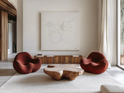 Fruitful II by Danhui Nai. Shown as extra-large giant wall art in a modern living room. Available as an archival giclee rolled canvas, fine art paper, or poster print. SKU 85213a.