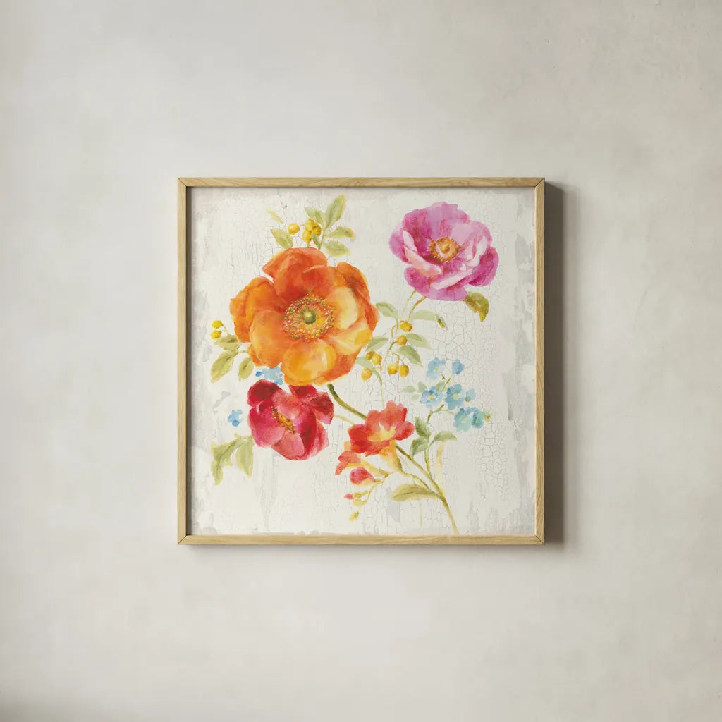 Full Bloom II by Danhui Nai. Shown in a natural wood glass frame for a timeless modern aesthetic. Available as an archival giclee rolled canvas, fine art paper, or poster print. SKU 61368a.