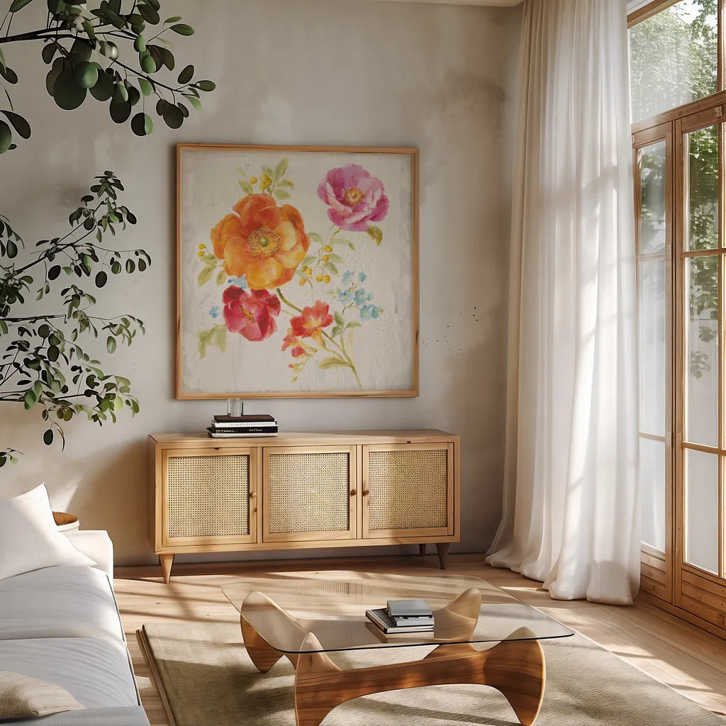 Full Bloom II by Danhui Nai. Shown in a natural wood frame in a cozy modern living room. Available as an archival giclee rolled canvas, fine art paper, or poster print. SKU 61368a.