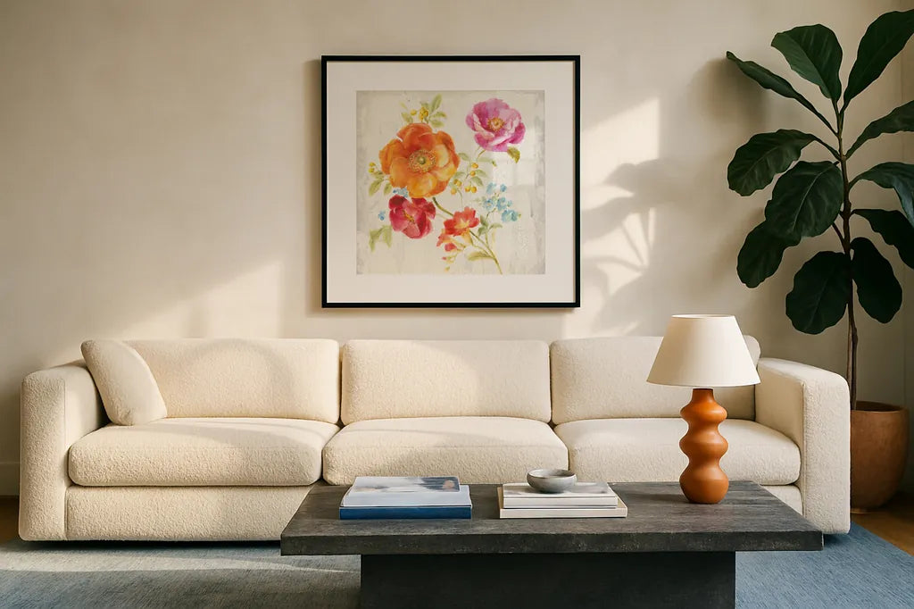 Full Bloom II by Danhui Nai. Displayed in a glass frame with matte in a clean modern living room. Available as an archival giclee rolled canvas, fine art paper, or poster print. SKU 61368a.