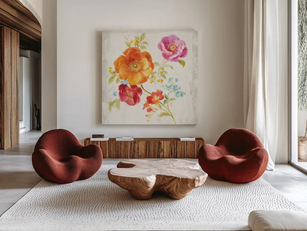 Full Bloom II by Danhui Nai. Shown as extra-large giant wall art in a modern living room. Available as an archival giclee rolled canvas, fine art paper, or poster print. SKU 61368a.