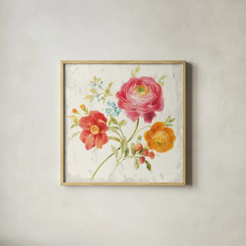 Full Bloom III by Danhui Nai. Shown in a natural wood glass frame for a timeless modern aesthetic. Available as an archival giclee rolled canvas, fine art paper, or poster print. SKU 61369a.