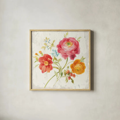 Full Bloom III by Danhui Nai. Shown in a natural wood glass frame for a timeless modern aesthetic. Available as an archival giclee rolled canvas, fine art paper, or poster print. SKU 61369a.