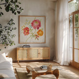 Full Bloom III by Danhui Nai. Shown in a natural wood frame in a cozy modern living room. Available as an archival giclee rolled canvas, fine art paper, or poster print. SKU 61369a.