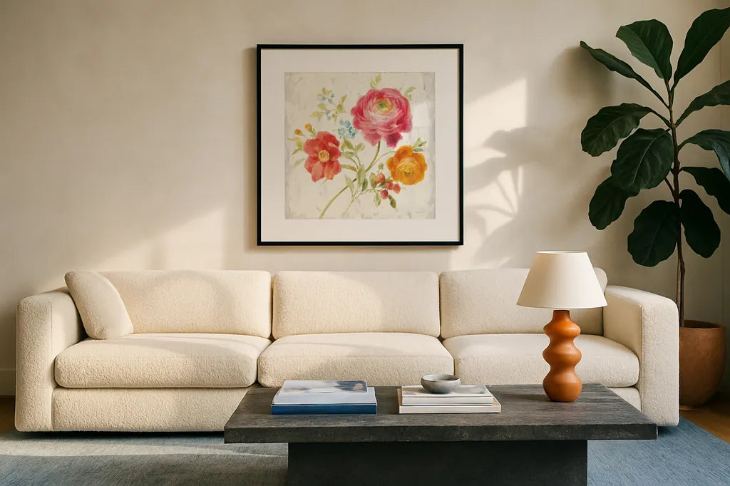 Full Bloom III by Danhui Nai. Displayed in a glass frame with matte in a clean modern living room. Available as an archival giclee rolled canvas, fine art paper, or poster print. SKU 61369a.