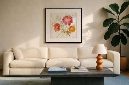 Full Bloom III by Danhui Nai. Displayed in a glass frame with matte in a clean modern living room. Available as an archival giclee rolled canvas, fine art paper, or poster print. SKU 61369a.