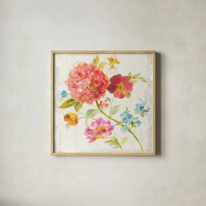 Full Bloom IV by Danhui Nai. Shown in a natural wood glass frame for a timeless modern aesthetic. Available as an archival giclee rolled canvas, fine art paper, or poster print. SKU 61370a.