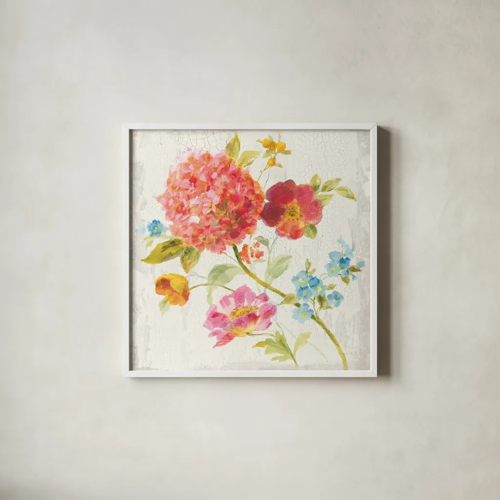 Full Bloom IV by Danhui Nai. Shown in a crisp white glass frame for a clean and minimalist style. Available as an archival giclee rolled canvas, fine art paper, or poster print. SKU 61370a.