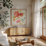 Full Bloom IV by Danhui Nai. Shown in a natural wood frame in a cozy modern living room. Available as an archival giclee rolled canvas, fine art paper, or poster print. SKU 61370a.