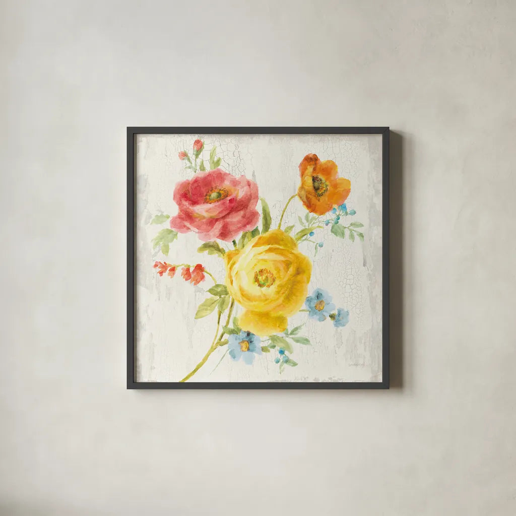 Full Bloom V by Danhui Nai. Shown in a sleek black glass frame for a contemporary gallery look. Available as an archival giclee rolled canvas, fine art paper, or poster print. SKU 61371a.