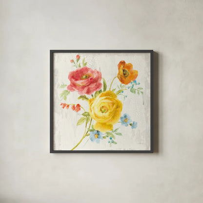 Full Bloom V by Danhui Nai. Shown in a sleek black glass frame for a contemporary gallery look. Available as an archival giclee rolled canvas, fine art paper, or poster print. SKU 61371a.