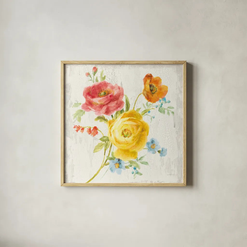 Full Bloom V by Danhui Nai. Shown in a natural wood glass frame for a timeless modern aesthetic. Available as an archival giclee rolled canvas, fine art paper, or poster print. SKU 61371a.