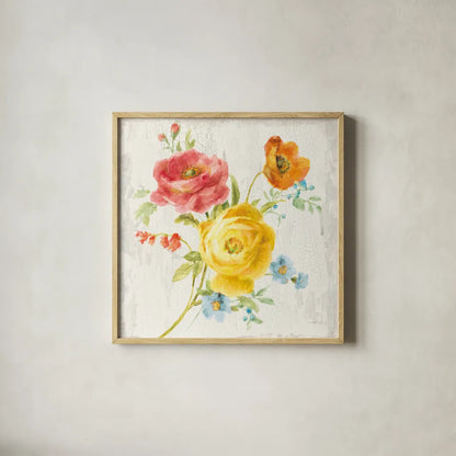 Full Bloom V by Danhui Nai. Shown in a natural wood glass frame for a timeless modern aesthetic. Available as an archival giclee rolled canvas, fine art paper, or poster print. SKU 61371a.