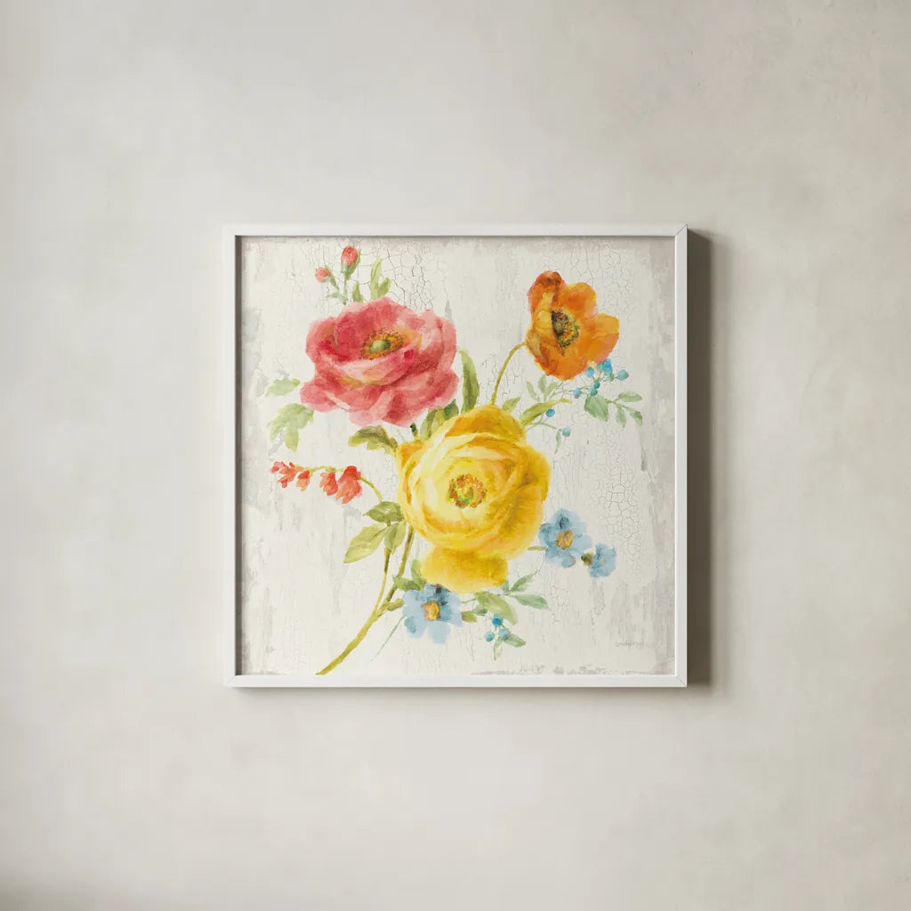 Full Bloom V by Danhui Nai. Shown in a crisp white glass frame for a clean and minimalist style. Available as an archival giclee rolled canvas, fine art paper, or poster print. SKU 61371a.