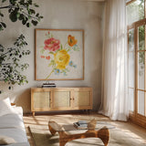 Full Bloom V by Danhui Nai. Shown in a natural wood frame in a cozy modern living room. Available as an archival giclee rolled canvas, fine art paper, or poster print. SKU 61371a.