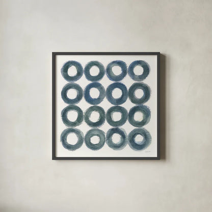 Fullness of Circles by Danhui Nai. Shown in a sleek black glass frame for a contemporary gallery look. Available as an archival giclee rolled canvas, fine art paper, or poster print. SKU 70424a.