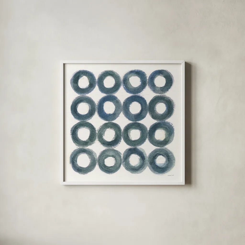 Fullness of Circles by Danhui Nai. Shown in a crisp white glass frame for a clean and minimalist style. Available as an archival giclee rolled canvas, fine art paper, or poster print. SKU 70424a.