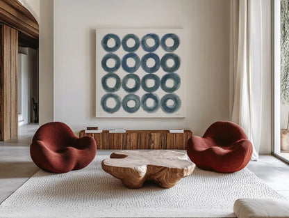 Fullness of Circles by Danhui Nai. Shown as extra-large giant wall art in a modern living room. Available as an archival giclee rolled canvas, fine art paper, or poster print. SKU 70424a.