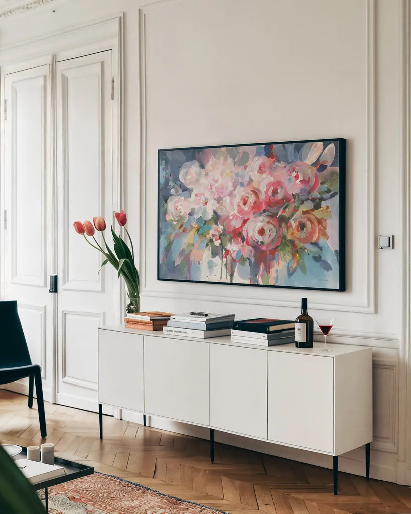 Fullness of Flowers by Danhui Nai. shown as a framed stretched canvas in a living room above a console. Available as a archival giclee rolled canvas, fine art paper, or poster print. SKU 69676i.
