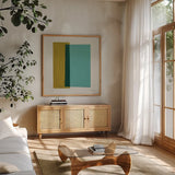 Fusion by Danhui Nai. Shown in a natural wood frame in a cozy modern living room. Available as an archival giclee rolled canvas, fine art paper, or poster print. SKU 85835a.