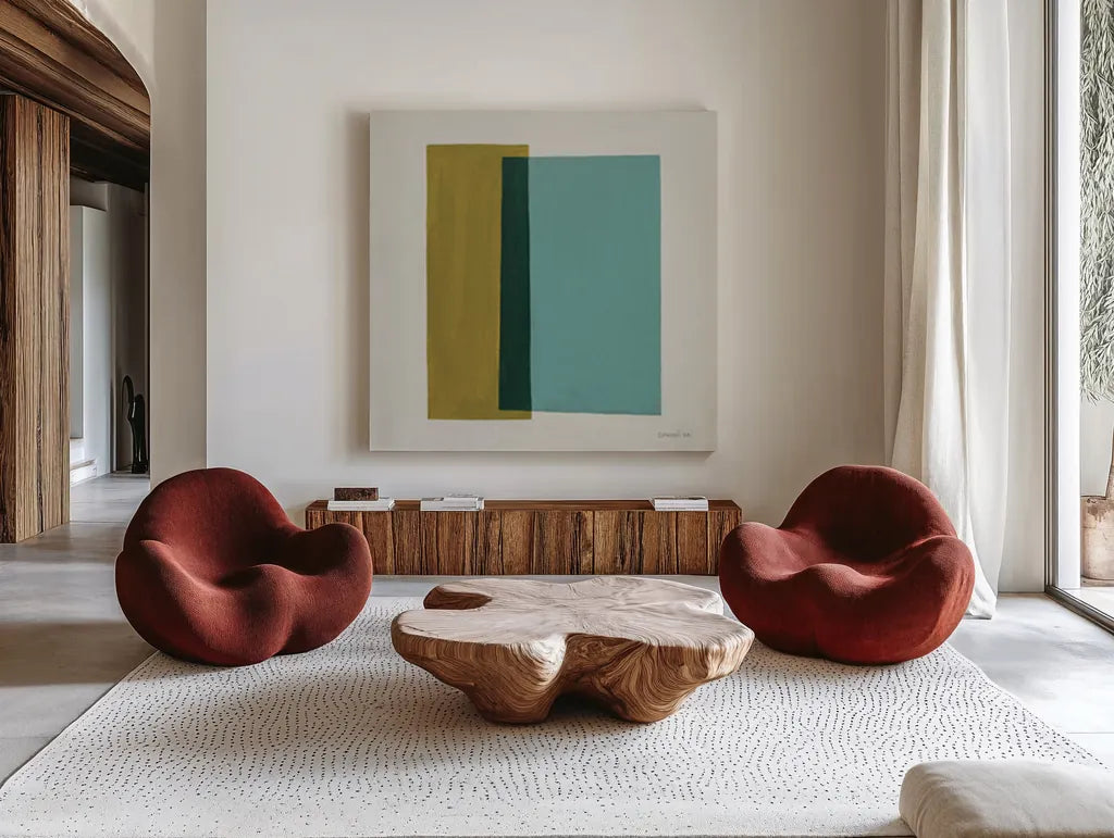 Fusion by Danhui Nai. Shown as extra-large giant wall art in a modern living room. Available as an archival giclee rolled canvas, fine art paper, or poster print. SKU 85835a.